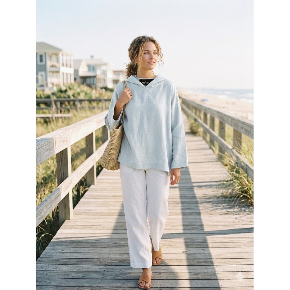 Eskandar 100% Linen Hooded Pullover Tunic Top Lagenlook Soft Blue Size 1 Coastal